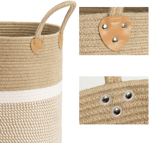 CHICVITA Extra Large Woven Storage Basket with Handles – Laundry Basket Toy Towels Jute Blanket Basket Home Decor Gift, 16" x 16", White...