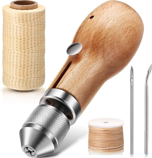 5 Pieces Sewing Awl Kit, Leather Sewing Stitching Leather Craft Awl with Needles (Straight and Bent), Coil and 200 Meters Waxed Threads for DIY Le...