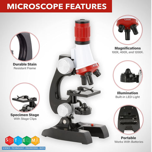 AmScope-ETXWJ04 IQCREW 100X-1200X LED Kids Beginner Microscope Toy Set + Slides Preparation Kit...