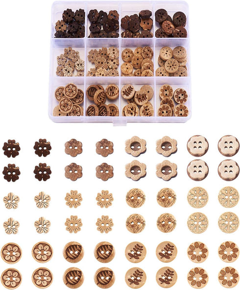 Pandahall 120pcs Coconut Shell Sewing Buttons 2 Holes Flower Leaf Basic Sewn-On Craft Buttons 12 Styles for DIY Sewing Clothing Accessories Scrapb...