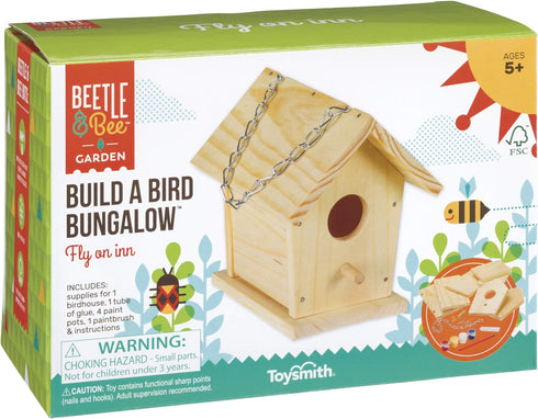 Beetle & Bee Build A Bird Bungalow - DIY Kid Art Craft Outdoor Birdhouse Kit, House Painting Kit for Kids, Hardware Glue Included- 4 Paints, 1 Bru...