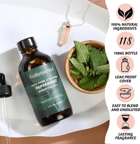Folkulture Peppermint Oil for Hair Growth - 4 Fl Oz - 100% Pure, Natural and Undiluted Organic Essential Oil, Premium Grade with Glass Dropper, Pe...