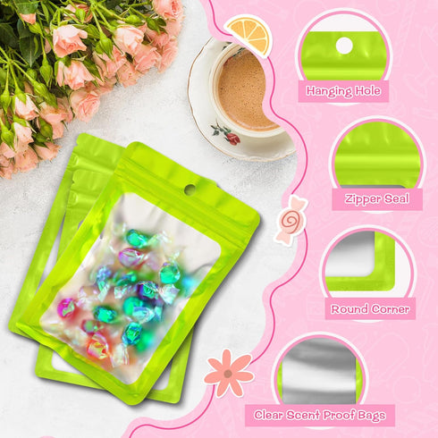 FUNFERY 100 Pack Mylar Resealable Bags Foil Packaging Bags with Clear Window,Zipper Pouch Smell Proof Bags for Food Storage,Cookies,Sample,Small B...