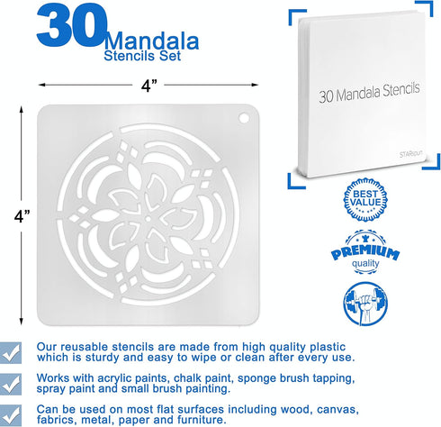 STARspun Art Stencils for Painting - 30 Piece Mandala Stencil Set 4x4" in Size - Great as Wall Stencil, Tile Stencil, Floor Stencil, Stencils for ...