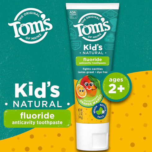 Tom's of Maine ADA Approved Fluoride Children's Toothpaste, Natural Toothpaste, Dye Free, No Artificial Preservatives, Outrageous Orange Mango, 5....