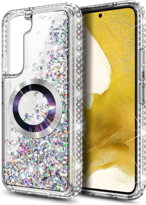 Designed for Samsung Galaxy S23 Magnetic Case for MagSafe with Tempered Glass Screen Protector, Camera Lens Protector/Wrist Strap Lanyard, Glitter...