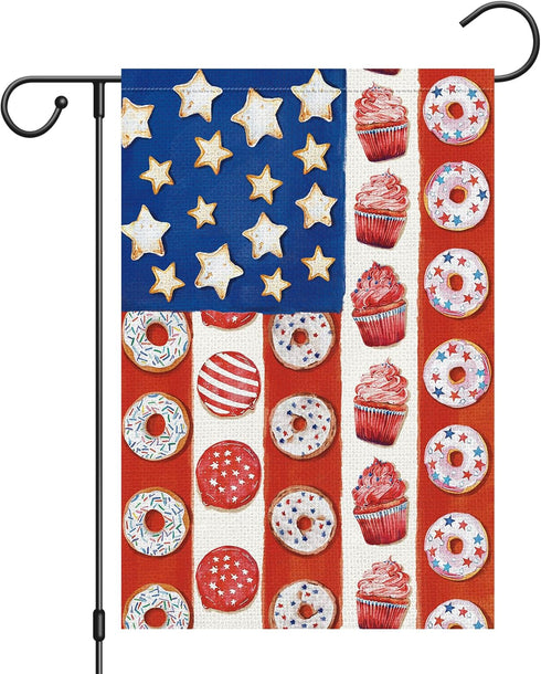 4th of July Patriotic Garden Flag Memorial Day Donuts Garden Flags 12x18 Inch Double Sided Burlap Summer Ice Cream House FLags for Independence Da...