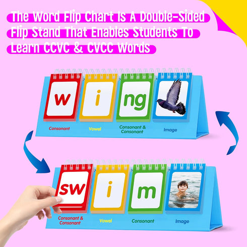 CVCC & CCVC Flip Charts, 40 Words Builder Phonic Games Freestanding Flip Chart Manipulative Spelling Toy Educational Learning Tool for Student Tea...