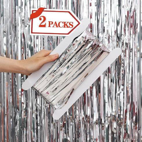 2 Pcs Silver Metallic Tinsel Foil Fringe Curtains Backdrop, 3.28 ft x 6.56 ft Streamers for Birthday Wedding Engagement Bachelorette Party Photo B...