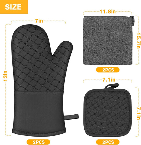 IXO 6Pcs Oven Mitts and Pot Holders, 500? Heat Resistant Oven Mitts with Kitchen Towels Soft Cotton Lining and Non-Slip Silicone Surface Safe for ...