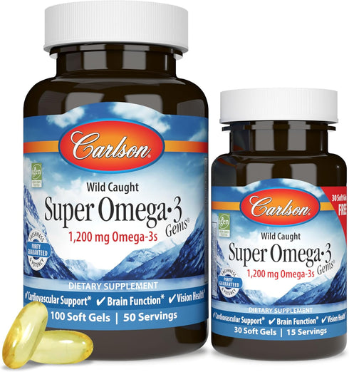 Carlson - Super Omega-3 Gems, 1200 mg Omega-3 Fatty Acids with EPA and DHA, Wild-Caught Norwegian Supplement, Sustainably Sourced Fish Oil Capsule...