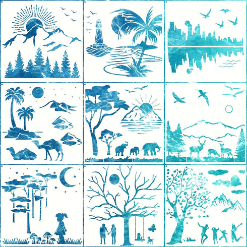 9 Pieces Forest Landscape Stencil Mountains Rivers Stencils with Metal Open Ring Reusable Human Nature Templates DIY Elephant Animal Drawing Templ...