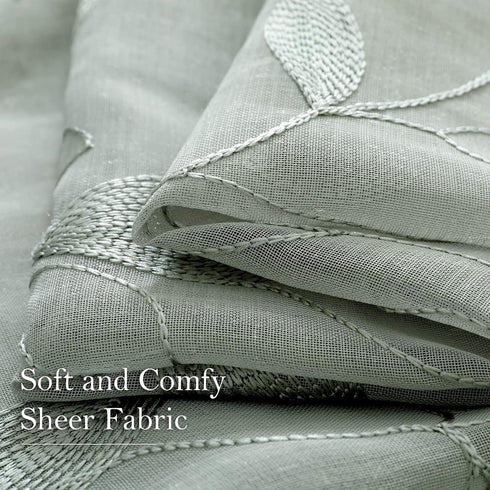 HOMEIDEAS Sage Green Sheer Curtains 52 x 54 Inch Length 2 Panels Embroidered Leaf Pattern Short Curtains for Bedroom Half/Small Window Rod Pocket ...