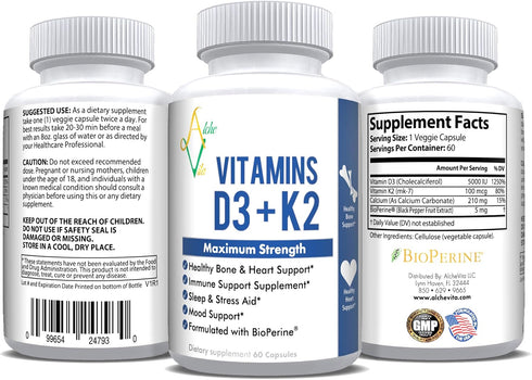 AlcheVita Vitamins D3 (5000 IU) + K2 (mk7) + Calcium (210mg)- Maximum Strength Complex (3-in-1 Formula) - 60 Capsules | Supports Healthy Bones, He...