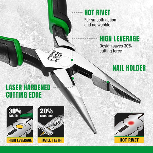 SK 8-Inch Long Nose Pliers, Needle Nose Pliers, Premium CR-V Steel Construction, Ergonomic Non-slip Handle for Comfortable Grip...