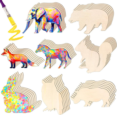 48 Pack Unfinished Wooden Woodland Forest Animal Life Cutouts,Bear,Fox,Elephant,Rabbit,Squirrel,Horse,Rhinoceros,Owl Shapes Model for Home Decor O...