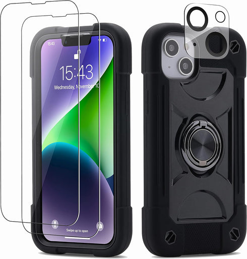 for iPhone 14 Plus Case 6.7 Inch with Ring Stand, with 2 Pack Glass Screen Protector + 1 Pack Camera Lens Protector,Heavy-Duty Shockproof Military...