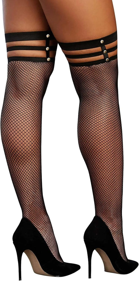 Dreamgirl Women's Fishnet Thigh High Stockings with Strappy Elastic Top Sockshosiery, black, One Size...
