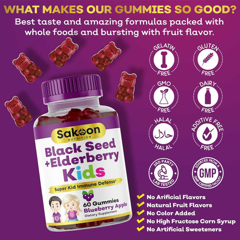 Elderberry & Black Seed Oil Gummies for Kids, Immune Support, with Vitamin C and Zinc, Delicious Berry Flavor, 60 Gummies...