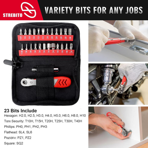 STREBITO Right Angle Screwdriver Low Profile 26 Piece Small Ratchet Set, Stubby Ratchet 90 Degree Ratcheting Screwdriver Set, Mini 1/4 Bit Ratchet...