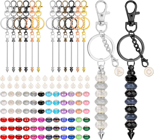 110Pcs Beadable Keychain Bar Set with Colored Beads & A to Z Letter Charms, Beadable Keychains Set Jewelry Making Supplies for DIY Keychain Making...