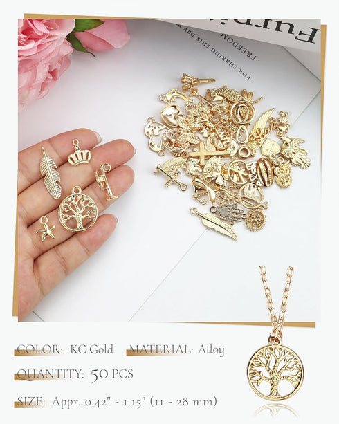 JIALEEY Wholesale Bulk 50PCS Mixed Gold Charms Pendants DIY for Necklace Bracelet Jewelry Making and Crafting...