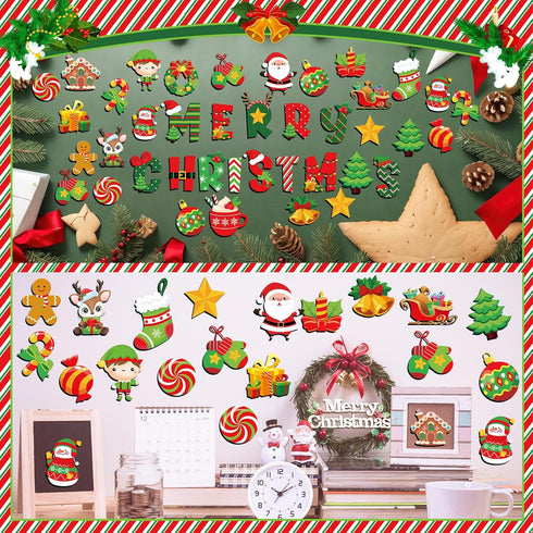 72 Pcs Merry Christmas Bulletin Board Set Winter Decoration Set Christmas Tree Candy Wreath DIY Cardstock Paper Cutout Holiday Borders Bulletin Te...