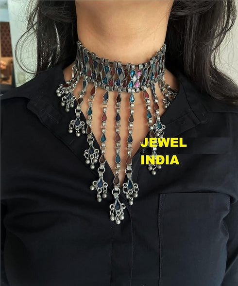 Indian Antique Silver Oxidized Fashion Bollywood Ethnic Mirror Boho Gypsy Banjara Tribal Statement Choker Thread Necklace Jewelry...