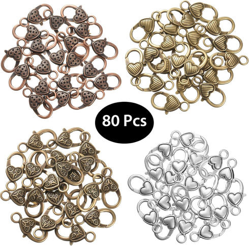 80 Pieces Heart Lobster Claw Clasps Tibetan Antique Heart Lobster Clasps Alloy Claw Clips Hooks 27 x 9 mm for DIY Jewelry Bracelet Necklace Keycha...