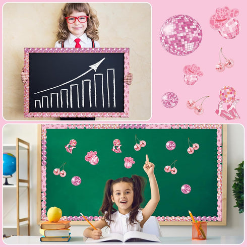 80 Pcs 91.8 ft Pink Disco Classroom Bulletin Board Borders Cowboy Disco Bulletin Board Trim Self Adhesive Scalloped Borders Decorations Stickers f...