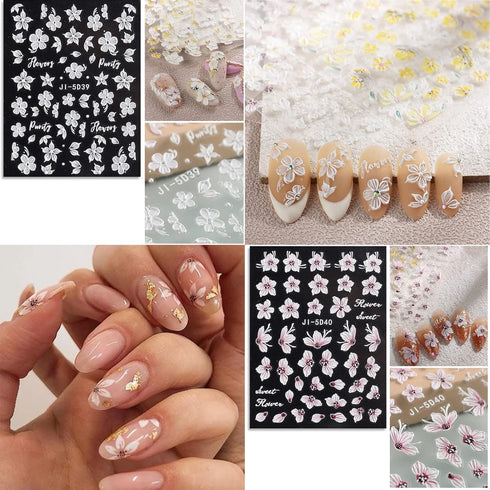 Flower Nail Art Stickers Decals 5D Embossed Spring Nail Decals 3D Self-Adhesive Nail Art Supplies Yellow Pink White Kapok Camellia Design Nail Acc...
