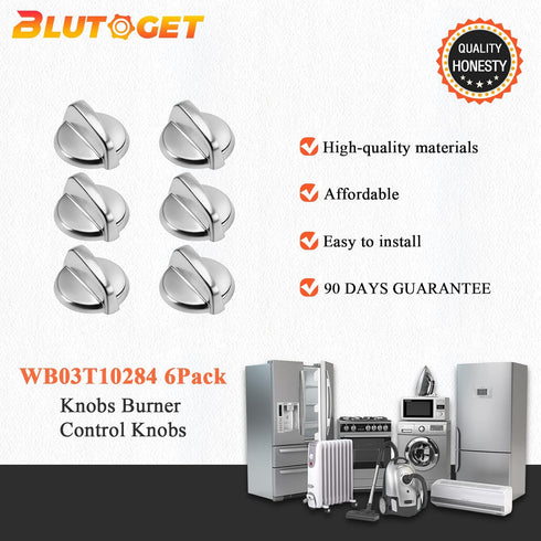 Upgraded WB03T10284 PS2321076 Burner Control Knobs 6 Pack Stainless Steel Finish - Fit for General Electric GE Range/Stove/Oven Knob - Replaces 1373043 AP4346312 AH2321076 EAP2321076