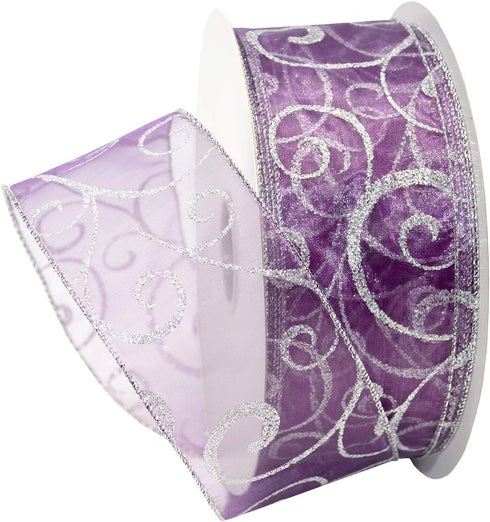 Morex Ribbon 7416.60/50-610 Swirl 2.5" X 50 YD Nylon Sheer Curling Wired Glitter Ribbon, Purple/Silver, Holiday Ribbons for Crafts and Christmas D...