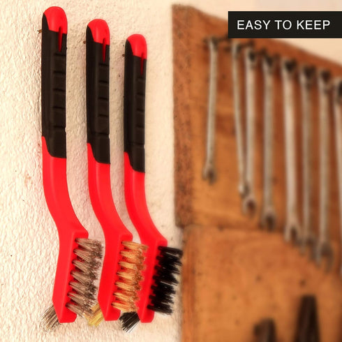 Wire Brush Set 3Pcs - Nylon/Brass/Stainless Steel Bristles with Curved Handle Grip for Rust, Dirt & Paint Scrubbing with Deep Cleaning – 7 Inches ...