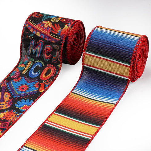 2 Rolls Cinco de Mayo Craft Ribbons for Wreath Bows, 2.5"×10 Yards Wired Edge Ribbons Mexican Fiesta Ribbon Mixed Color Stripes Wired Ribbons for ...