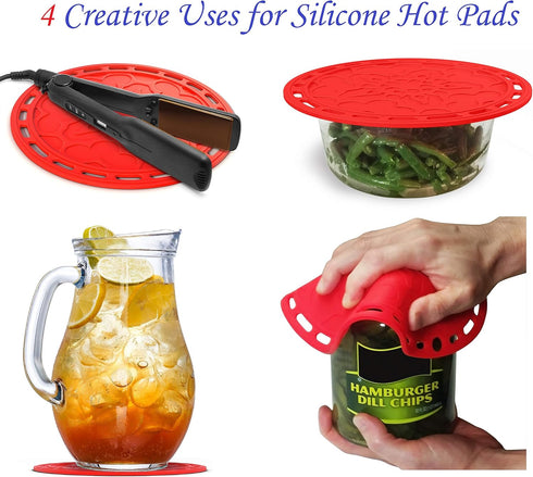 Silicone Hot Pads (Set of 4) - 6 in 1 Multi-Purpose Kitchen Tool, Pot Holder, Splatter Guard, Microwave Cover, Jar Opener, Decorative Trivet, Red,...