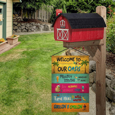 Welcome To Our Oasis Garden Flag, 12.5x18" Party Decorations, Summer Decor, Outdoor Beach Bar Pub Porch Patio Deck Backyard Poolside Decor Outside...