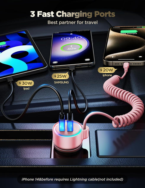60W USB C Car Charger Fast Charge PD& QC3.0 with 30W Type C 5ft Coiled Cable, Car Phone Charger Adapter for iPhone 15 Pro Max Plus, Samsung Galaxy...