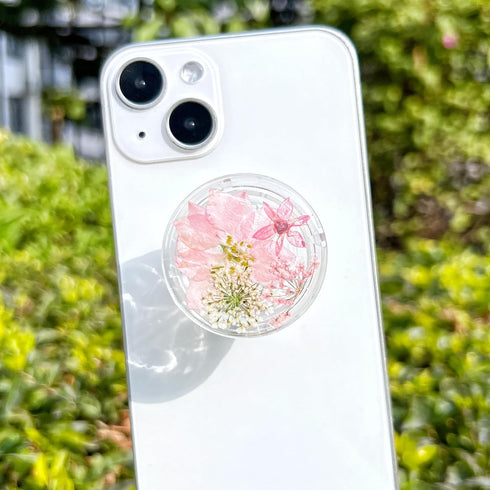 Pressed Pink Flowers Phone Grip,Handmade Dried Flowers Clear Phone Stand, Expanding Cell Phone Charms Accessory, Interchangeable Kickstand, Collap...