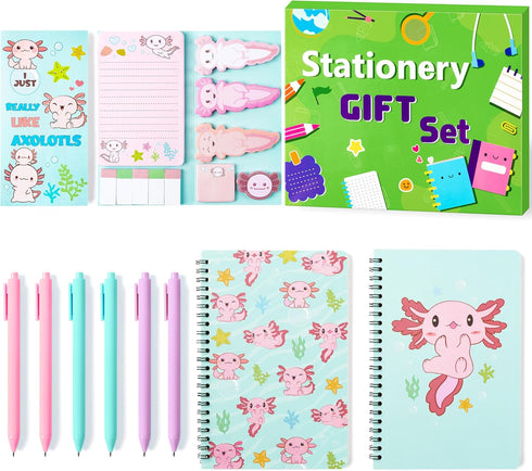 Axolotl Sticky Note A5 Notebooks Pens Stationery Set - Axolotl Self-Stick Notes Pads Spiral Notebooks Black Gel Ballpoint Pens Back to School Offi...