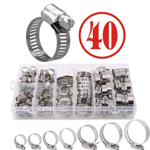 Hose Clamp Kit - 40 Piece 307 Stainless Steel 7 Sizes 6-38mm - Hose Clamps Assortment Pipe Clamp Adjustable - Clamp Assortment Kit, Fuel Line Clam...