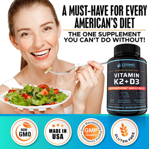 K2 D3 Vitamin Supplement 5000 Iu - For Healthier Bones, Blood, Heart, And Better Immunity - Enhanced Calcium Absorption With Bioperine - 100% Natu...