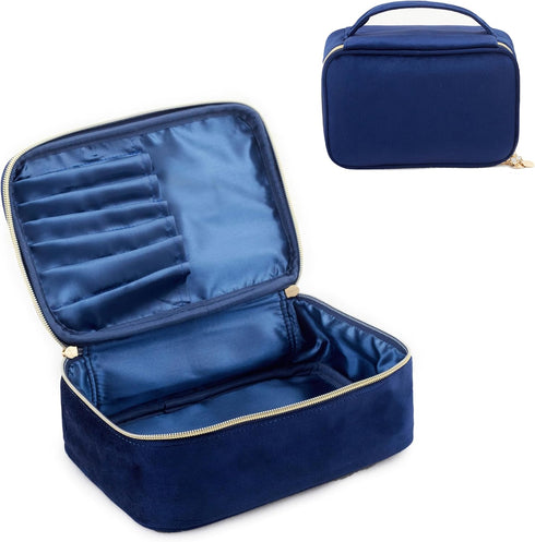 KOPY Velvet Makeup Bag for Women, Large and Classy Makeup Organizer, Make Up Travel Toiletry Bag Portable With Handle (Navy)...
