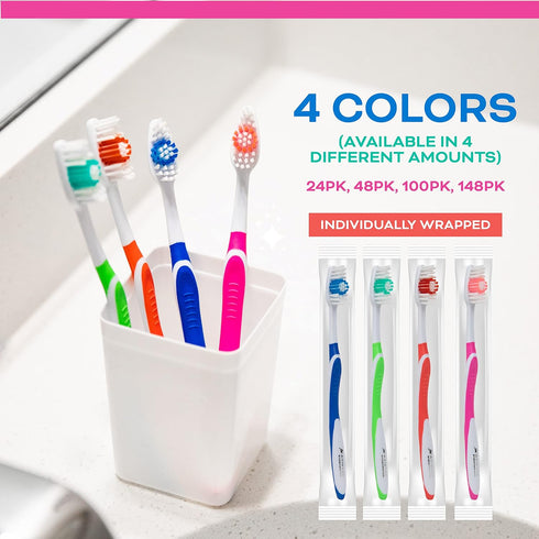 24 Individually Packaged Quality Large Head Medium Bristle Disposable Bulk Toothbrushes - Multi Color Pack - Convenient & Affordable - for Travel,...
