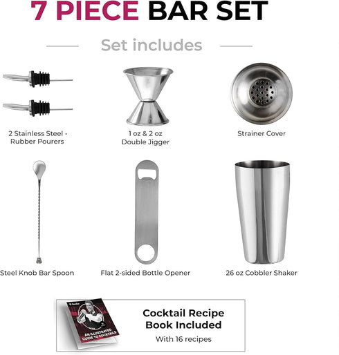 FineDine 7-Piece Cocktail Shaker Set - Bar Tools - Stainless Steel Bartender Kit, with All Bar Accessories, Cocktail Strainer, Double Jigger, Bar ...