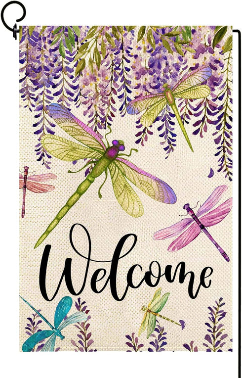 Baccessor Summer Spring Flower Garden Flag Wisteria Dragonfly Floral Welcome Small Yard Flag Burlap Double Sided Vertical Seasonal Farmhouse Weddi...