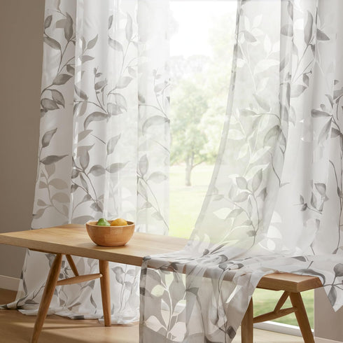 Madison Park Cecily Semi Sheer SINGLE Panel Window Curtain Burnout Botanical Print, Easy To Hang, Fits up to 1.25" Diameter Rod, 50x84", Leaves Gr...