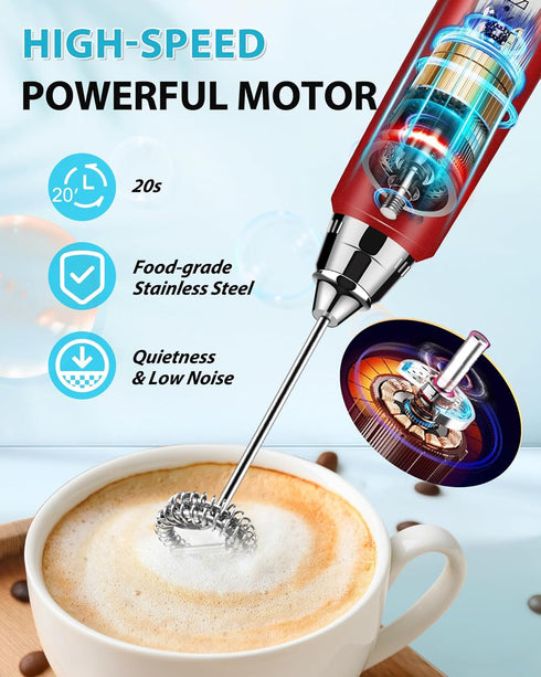 Milk Frother with Stand Rechargeable-Handheld Frother Wand with 3 Stainless Whisks 3 Speed Adjustable, Electric Whisk Drink Mixer, Foam Maker Blen...