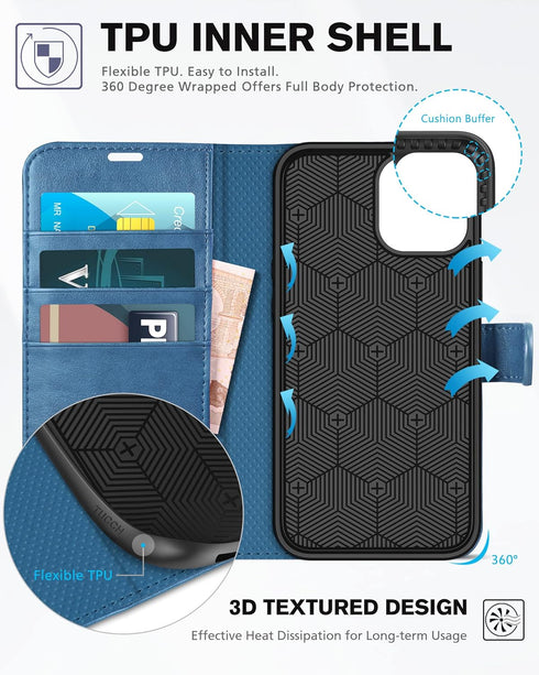 TUCCH Wallet Case, iPhone 12 Pro/12 5G, Lake Blue, TPU Shockproof Inner Shell, PU Leather, RFID Blocking, Card Holder, Magnetic Stand, Compatible ...