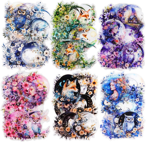 120Pcs Moon Floral PET Stickers, Scrapbook Stickers Kit for Journaling, Ephemera Packs for Junk Journals...